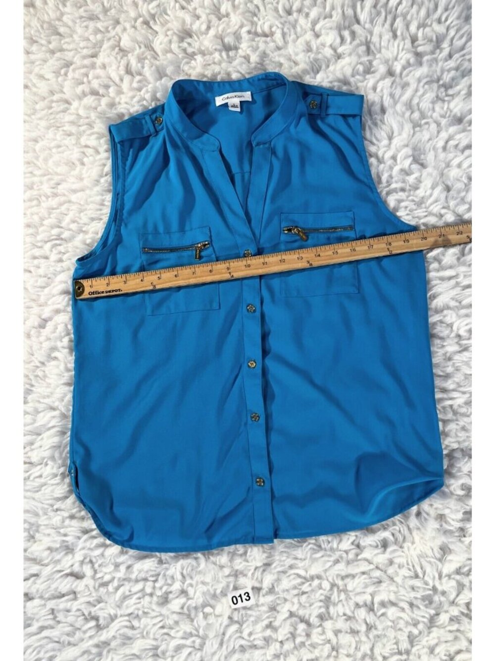Calvin Klein Blouse Womens Lg Turquiose Blue Pockets Button Sleeveless Stretch - Picture 2 of 8